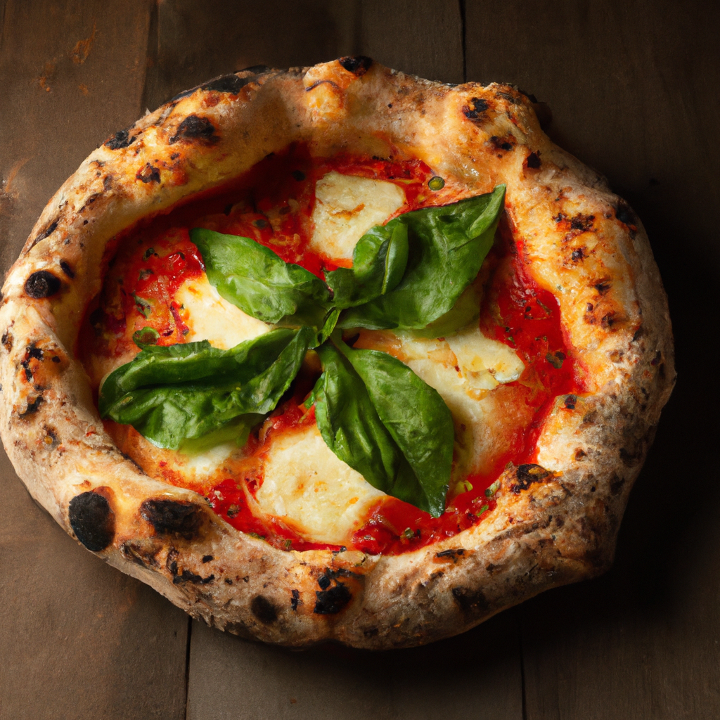 Freshly baked Neapolitan Margherita pizza with basil on a rustic wooden table