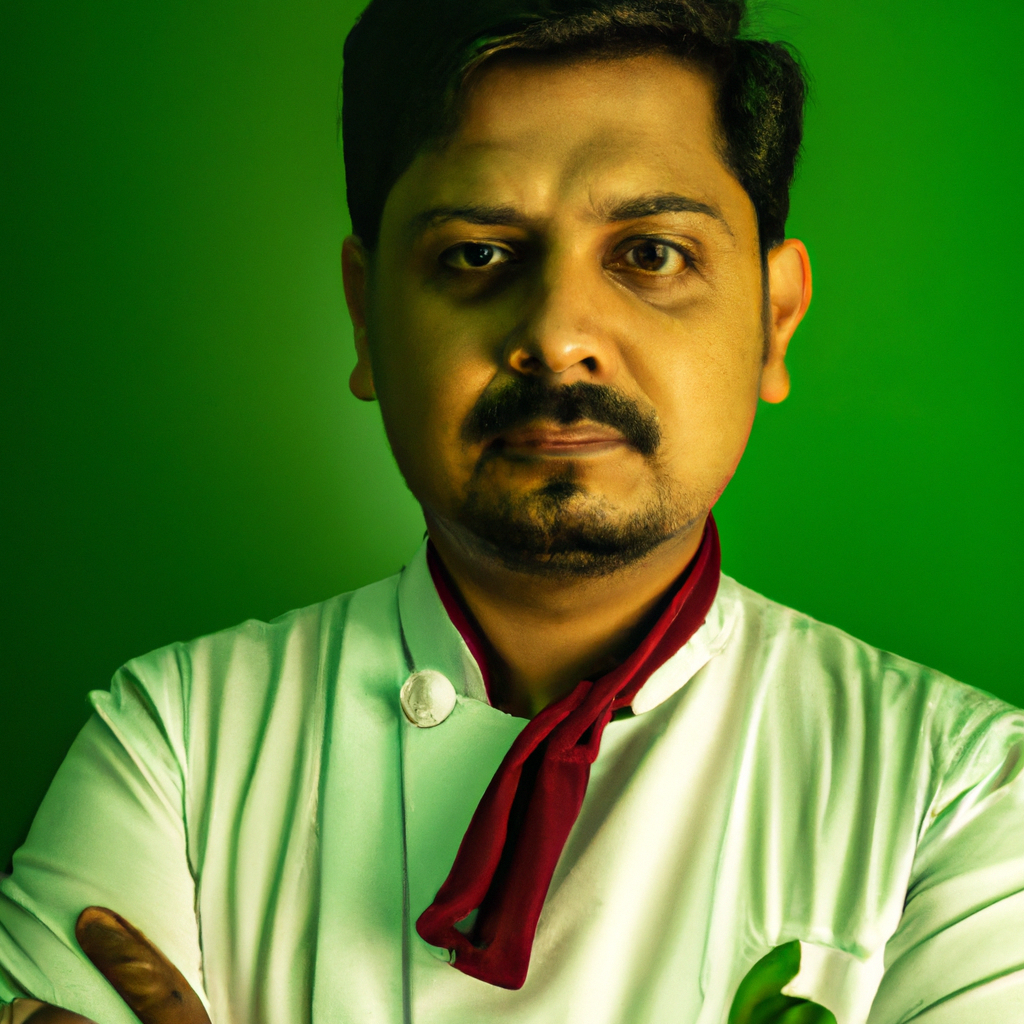 Regional chef portrait of Kabir Singh in a test kitchen with minimal background and fresh produce, high detail